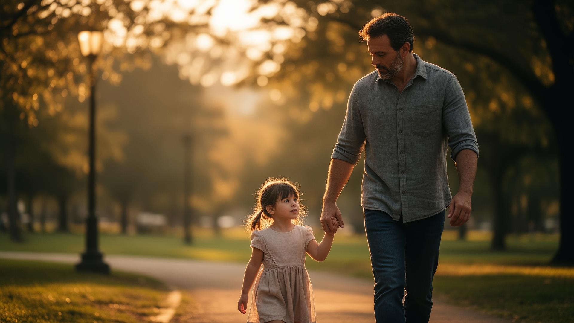 A father walking hand-in-hand with his young daughter at sunset