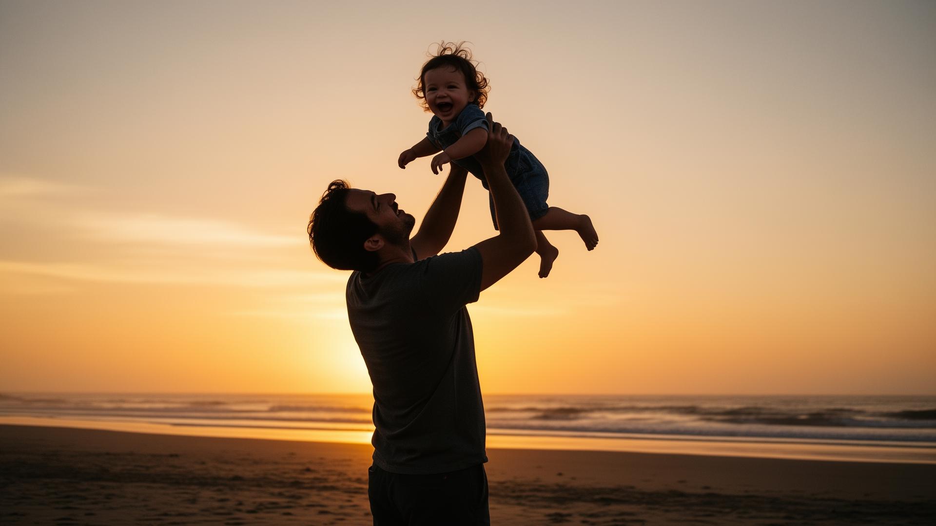 A father lifting his laughing toddler into the air at sunset