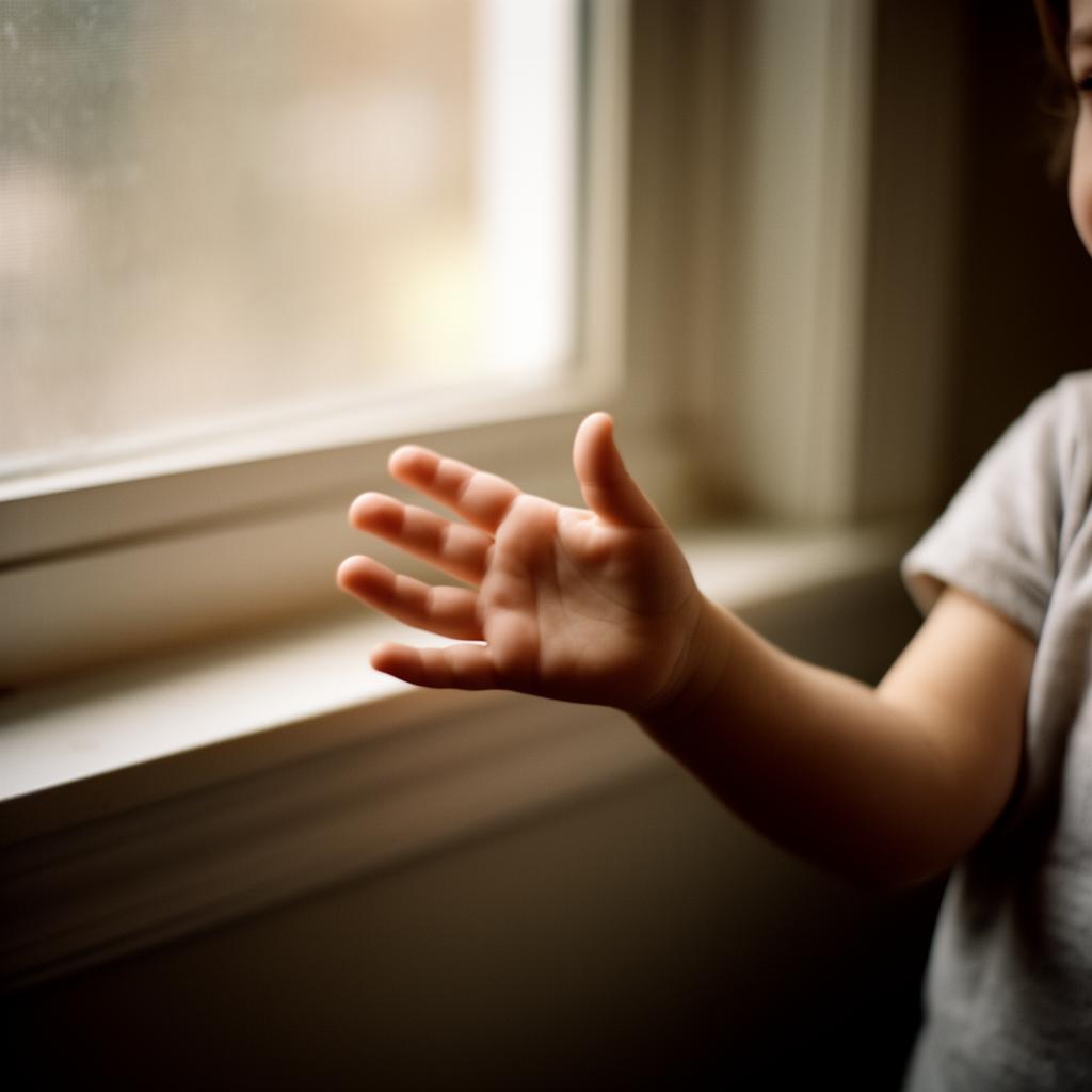 A child's hand reaching toward window light