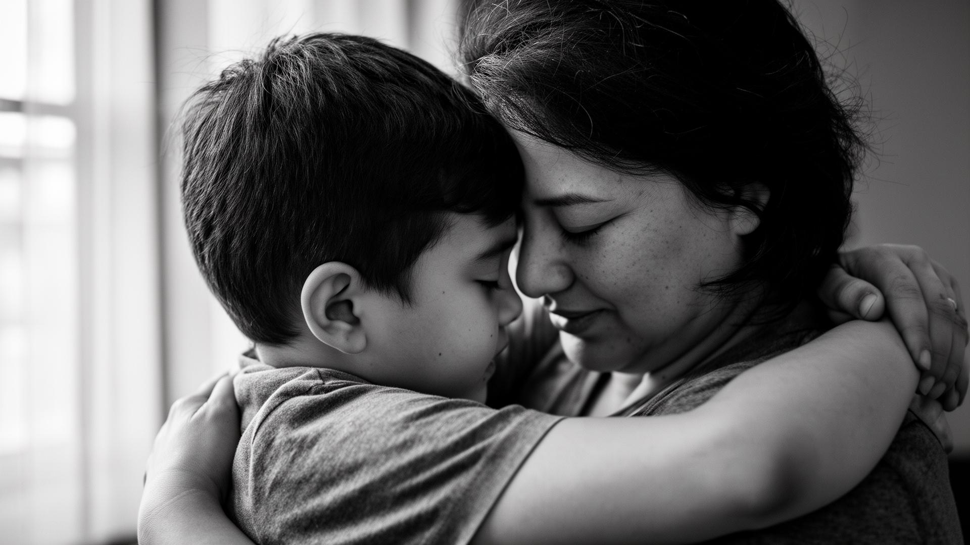 A mother holding her son close, foreheads touching