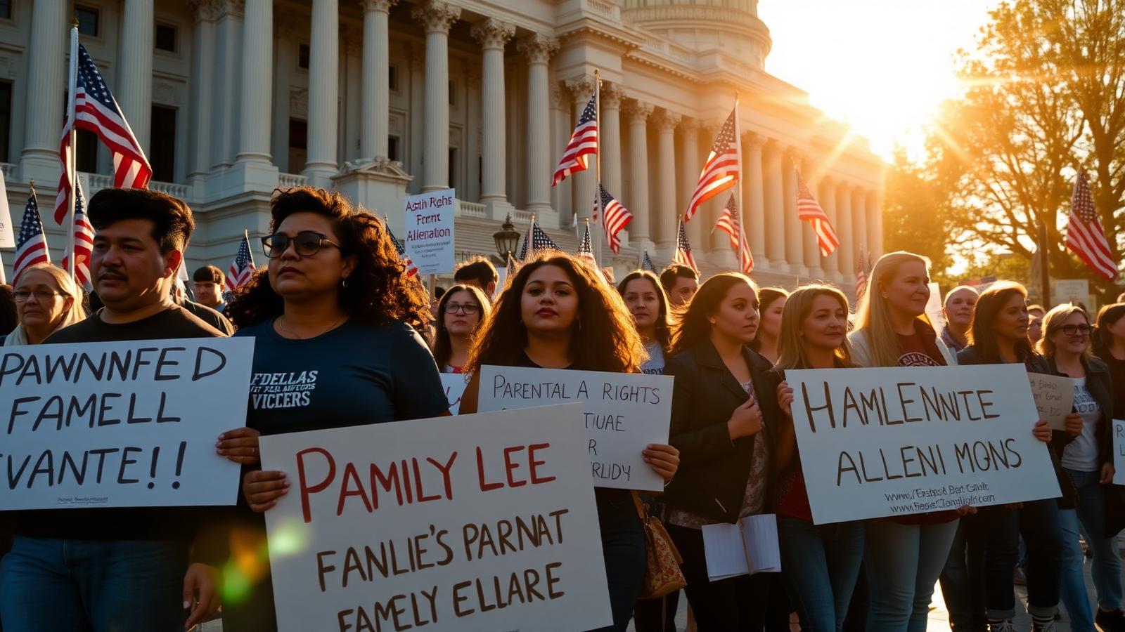 Parents and advocates rallying at a state capitol for family court reform
