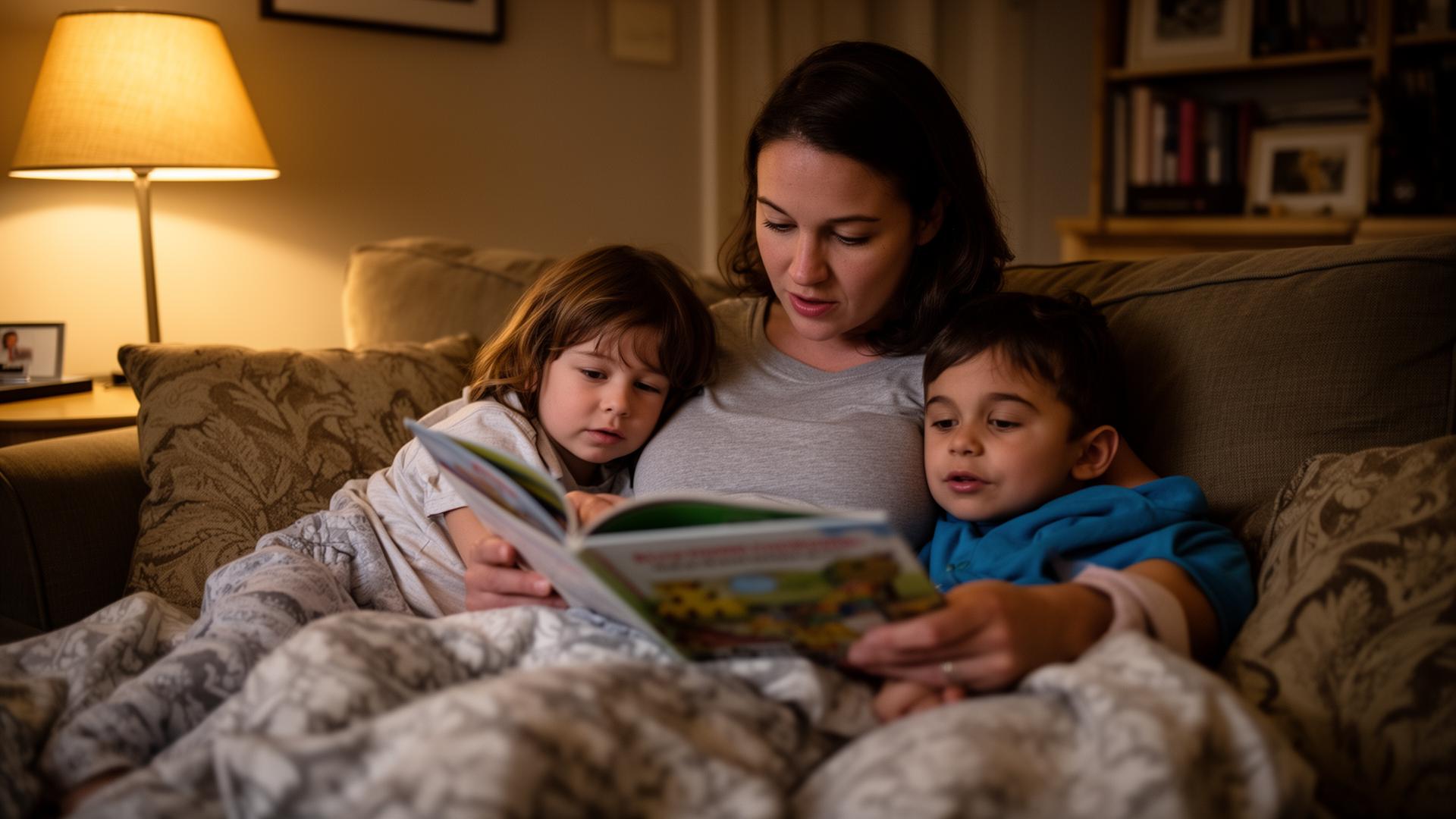 A parent reading a bedtime story to two children